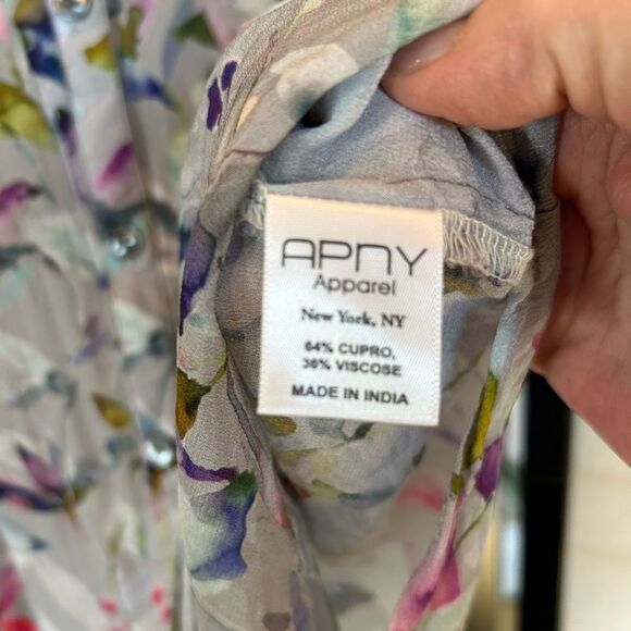 APNY Floral Watercolor Sheer Crinkle 3/4 Sleeve Hi-Lo Blouse L - Picture 4 of 9